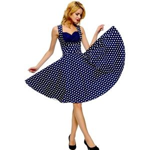 Medium Blue White polka dot Maggie Tang Swing Rockabilly Dress